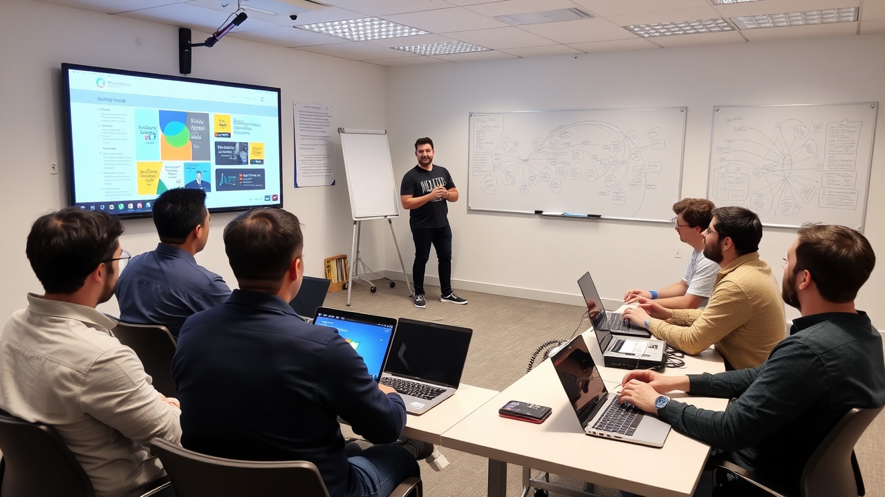 Engineering team collaborating around a whiteboard and laptop screens during a workshop