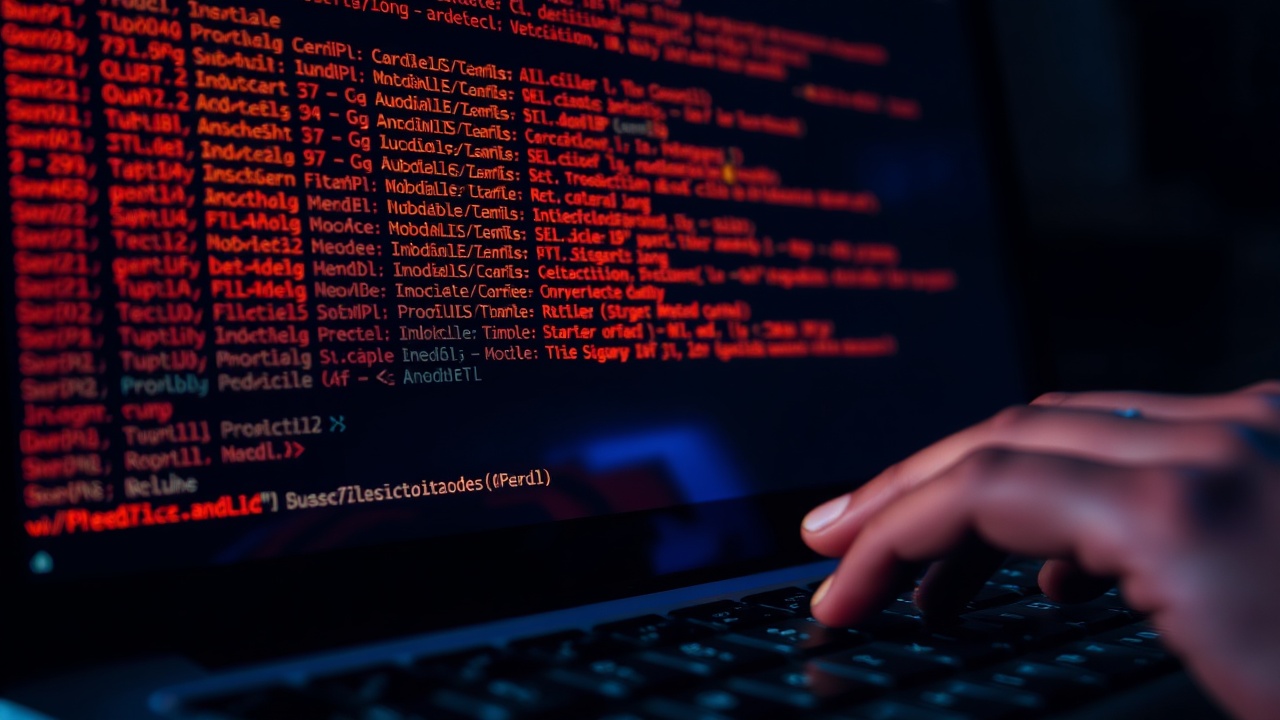 Dark screen with fragmented code and error logs on a desk