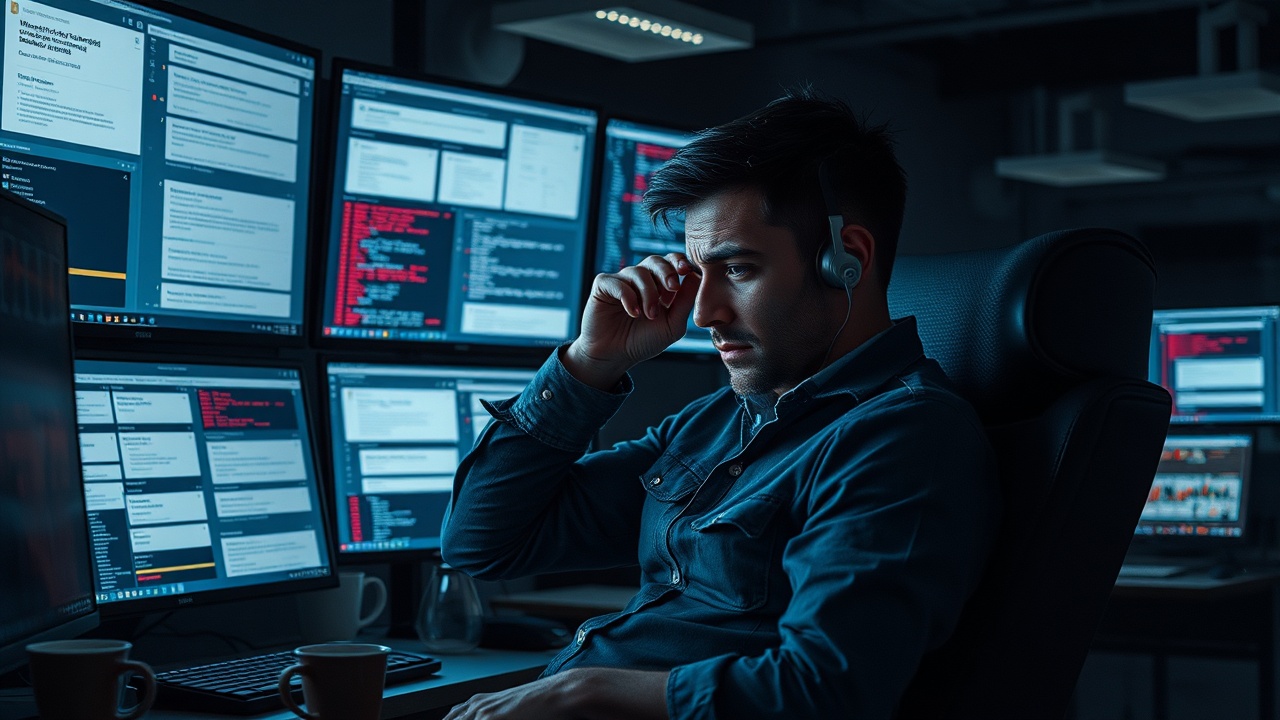 Stressed engineer looking at a cluttered monitor screen filled with red alerts